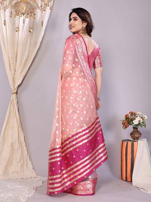 Pink wovenkanchipuram art silk handloom saree with blouse 4