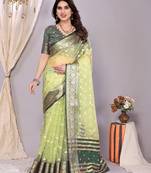 Pista wovenkanchipuram art silk handloom saree with blouse