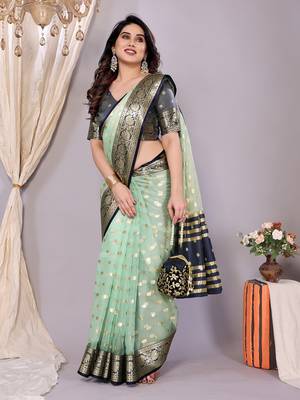 Sky blue wovenkanchipuram art silk handloom saree with blouse 1
