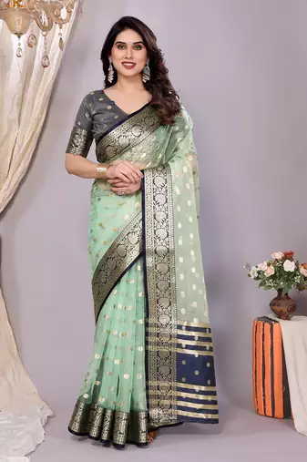 Sky blue wovenkanchipuram art silk handloom saree with blouse