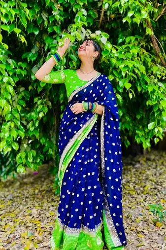 Blue Viscose Georgette Saree with Running Contrast Blouse