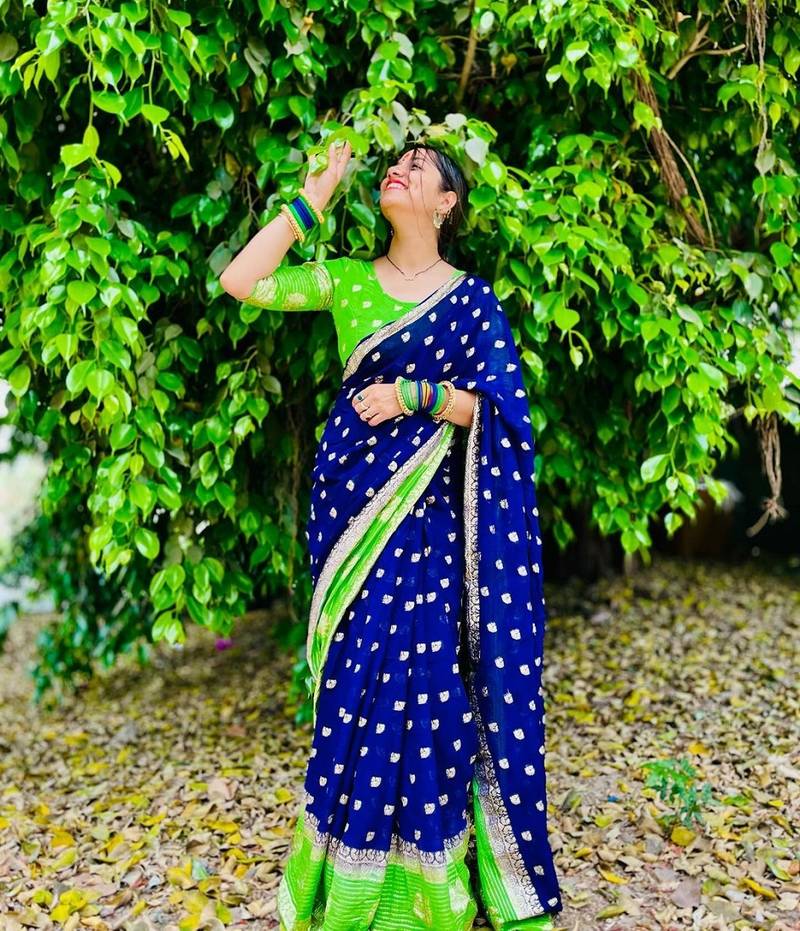 Blue Viscose Georgette Saree with Running Contrast Blouse