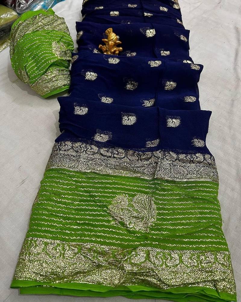 Blue Viscose Georgette Saree with Running Contrast Blouse