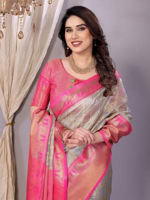 Silver wovenkanchipuram art silk handloom saree with blouse 2