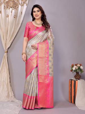 Silver wovenkanchipuram art silk handloom saree with blouse 1