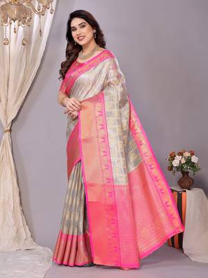 Silver wovenkanchipuram art silk handloom saree with blouse 4