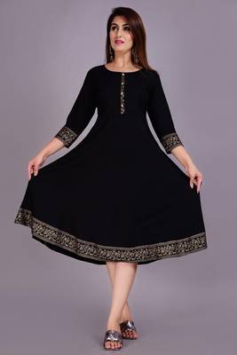 Self Design Ethnic Solid Flared Black Anarkali Indian Jaipuri Kurti For Womens & Girls 1