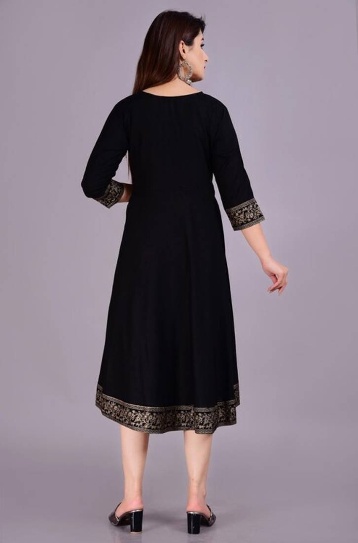 Self Design Ethnic Solid Flared Black Anarkali Indian Jaipuri Kurti For Womens & Girls