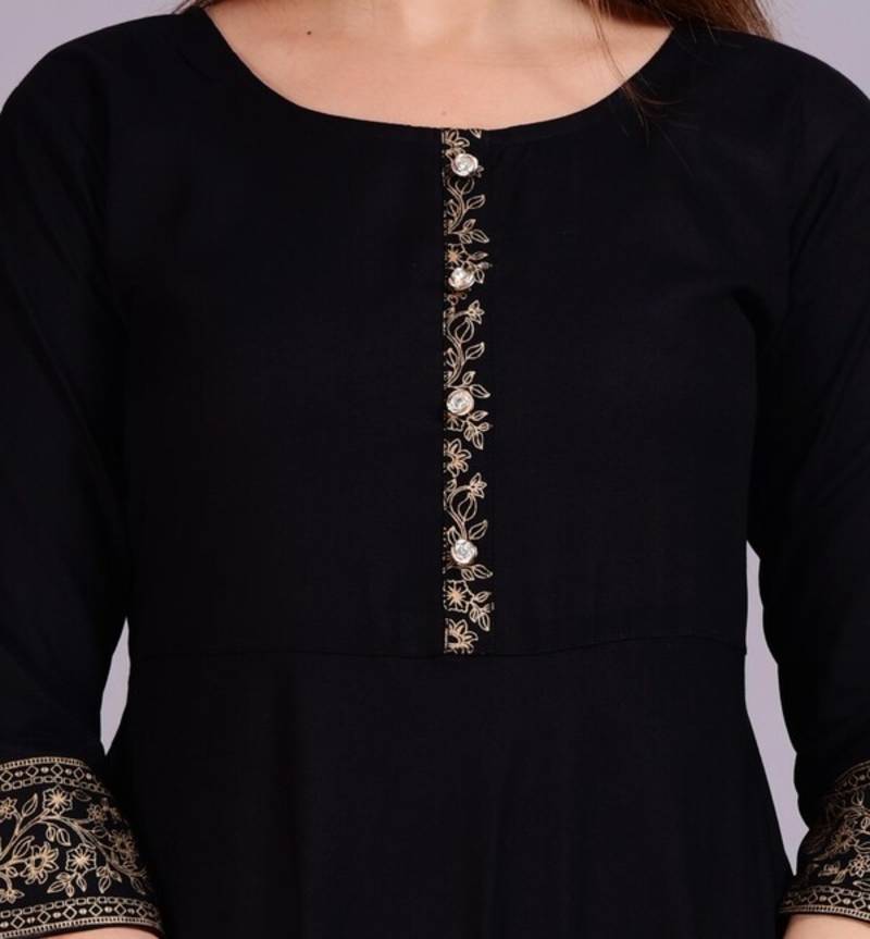 Self Design Ethnic Solid Flared Black Anarkali Indian Jaipuri Kurti For Womens & Girls