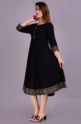 Self Design Ethnic Solid Flared Black Anarkali Indian Jaipuri Kurti For Womens & Girls 4