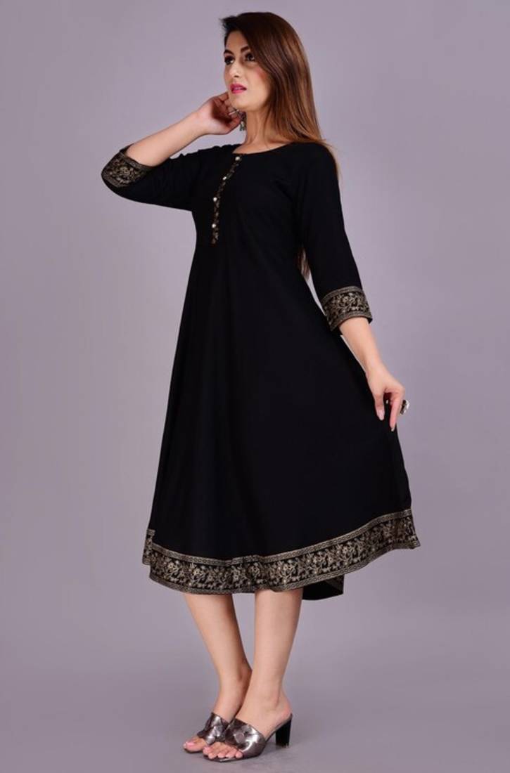 Self Design Ethnic Solid Flared Black Anarkali Indian Jaipuri Kurti For Womens & Girls