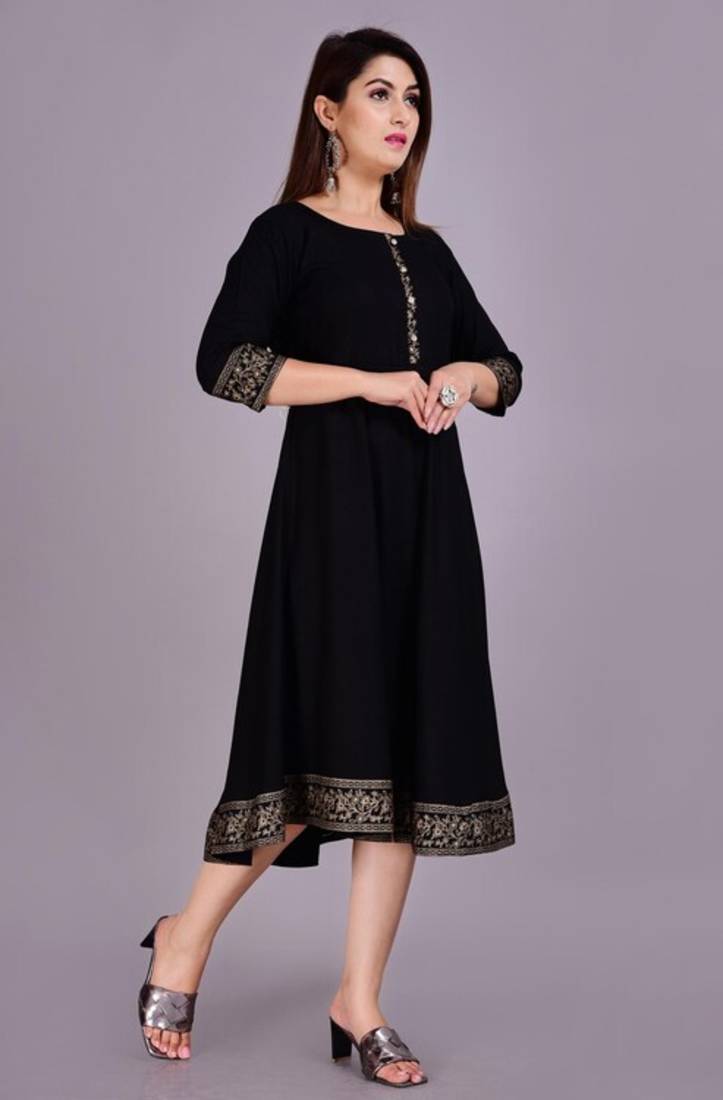 Self Design Ethnic Solid Flared Black Anarkali Indian Jaipuri Kurti For Womens & Girls