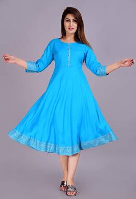 Self Design Ethnic Solid Flared Aqua Blue Anarkali Indian Jaipuri Kurti For Womens & Girls 1