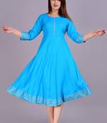 Self Design Ethnic Solid Flared Aqua Blue Anarkali Indian Jaipuri Kurti For Womens & Girls
