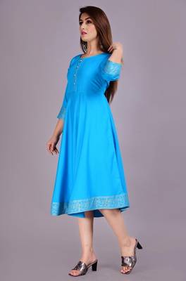 Self Design Ethnic Solid Flared Aqua Blue Anarkali Indian Jaipuri Kurti For Womens & Girls 2