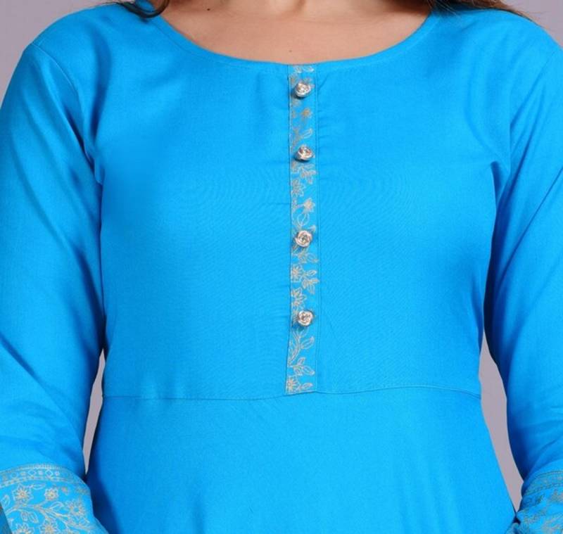 Self Design Ethnic Solid Flared Aqua Blue Anarkali Indian Jaipuri Kurti For Womens & Girls