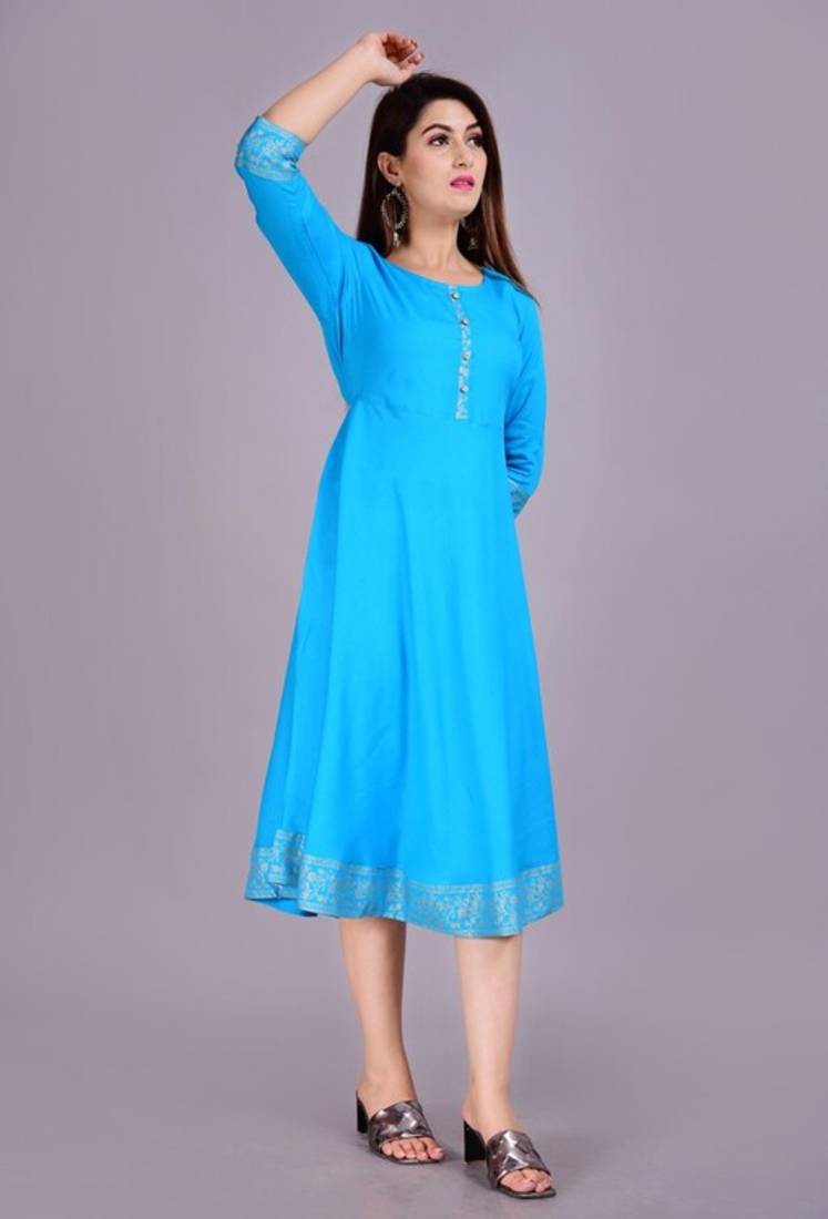 Self Design Ethnic Solid Flared Aqua Blue Anarkali Indian Jaipuri Kurti For Womens & Girls