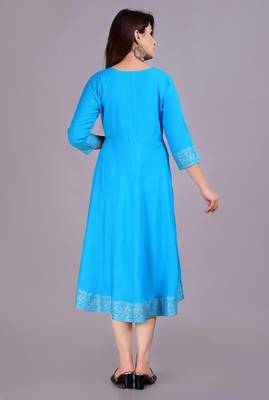 Self Design Ethnic Solid Flared Aqua Blue Anarkali Indian Jaipuri Kurti For Womens & Girls 5