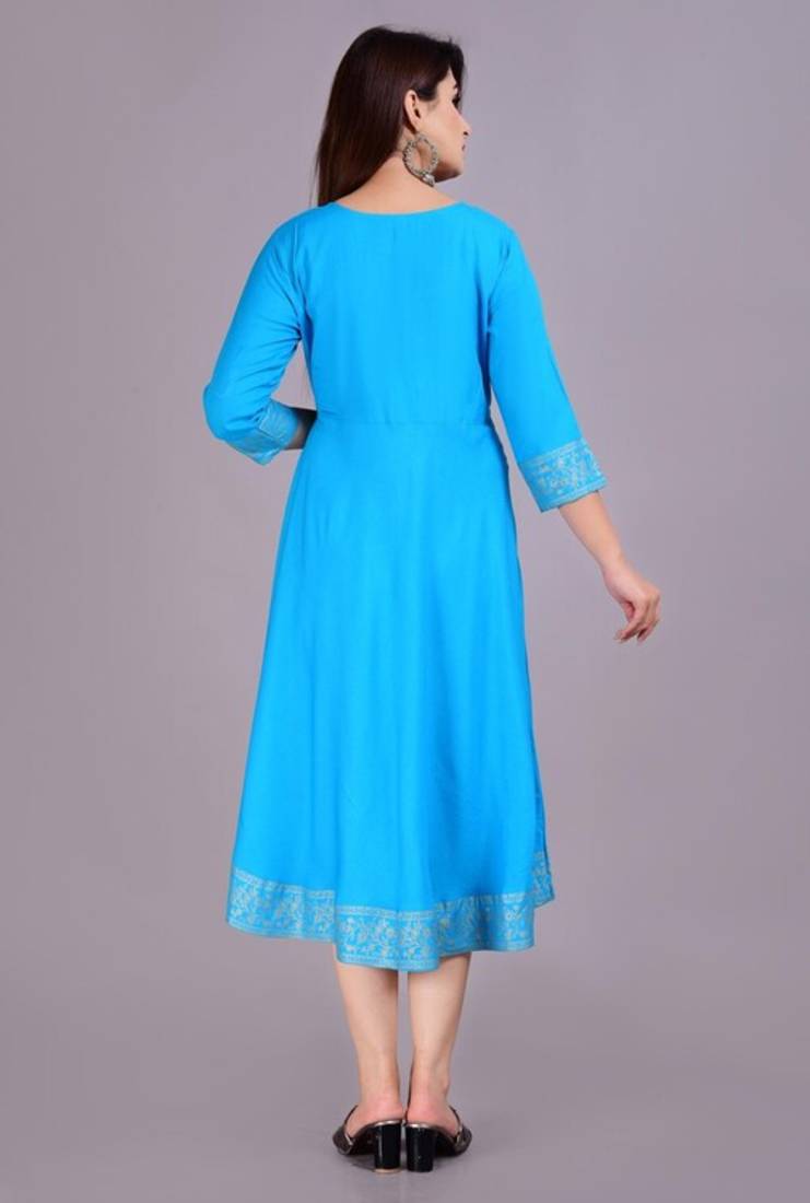 Self Design Ethnic Solid Flared Aqua Blue Anarkali Indian Jaipuri Kurti For Womens & Girls