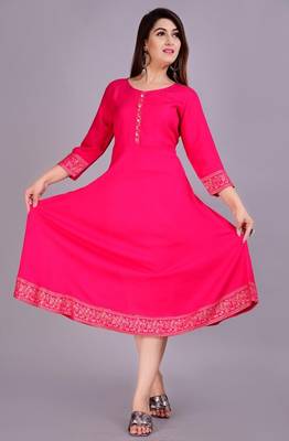 Self Design Ethnic Solid Flared Pink Anarkali Indian Jaipuri Kurti For Womens & Girls 1