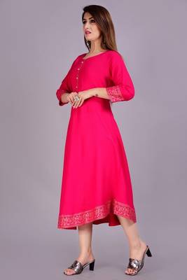Self Design Ethnic Solid Flared Pink Anarkali Indian Jaipuri Kurti For Womens & Girls 2