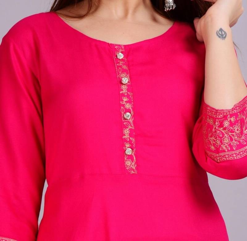Self Design Ethnic Solid Flared Pink Anarkali Indian Jaipuri Kurti For Womens & Girls