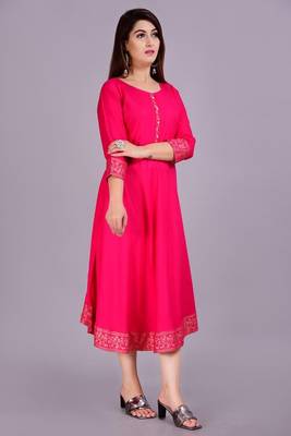 Self Design Ethnic Solid Flared Pink Anarkali Indian Jaipuri Kurti For Womens & Girls 4