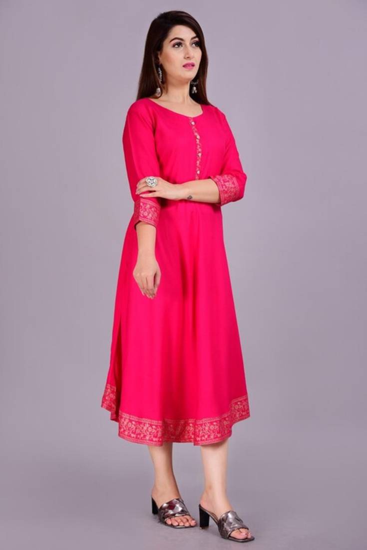 Self Design Ethnic Solid Flared Pink Anarkali Indian Jaipuri Kurti For Womens & Girls