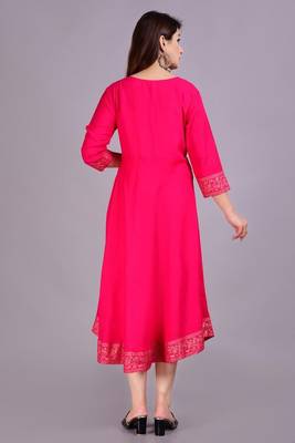 Self Design Ethnic Solid Flared Pink Anarkali Indian Jaipuri Kurti For Womens & Girls 5