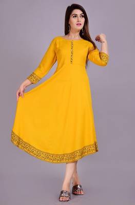 Self Design Ethnic Solid Flared Yellow Anarkali Indian Jaipuri Kurti For Womens & Girls 1