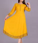 Self Design Ethnic Solid Flared Yellow Anarkali Indian Jaipuri Kurti For Womens & Girls