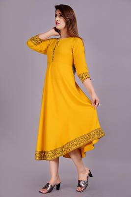 Self Design Ethnic Solid Flared Yellow Anarkali Indian Jaipuri Kurti For Womens & Girls 2