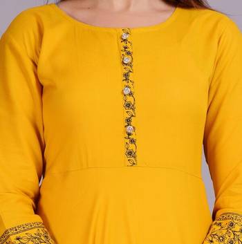 Self Design Ethnic Solid Flared Yellow Anarkali Indian Jaipuri Kurti For Womens & Girls 3