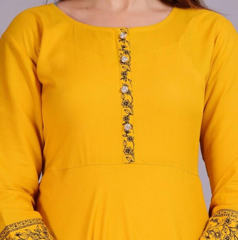 Self Design Ethnic Solid Flared Yellow Anarkali Indian Jaipuri Kurti For Womens & Girls