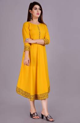 Self Design Ethnic Solid Flared Yellow Anarkali Indian Jaipuri Kurti For Womens & Girls 4