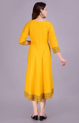 Self Design Ethnic Solid Flared Yellow Anarkali Indian Jaipuri Kurti For Womens & Girls 5
