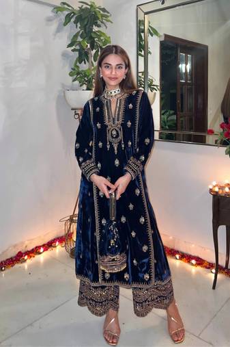  Blue Zari Embroidered Heavy Velvet Straight Kurta Palazzo Dupatta Set 