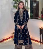  Blue Zari Embroidered Heavy Velvet Straight Kurta Palazzo Dupatta Set 