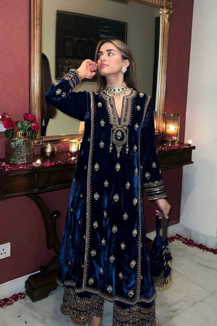  Blue Zari Embroidered Heavy Velvet Straight Kurta Palazzo Dupatta Set 
