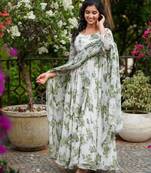  White Base Flower Printed Georgette Full Flared Anarkali Suit With Pant & Dupatta Set