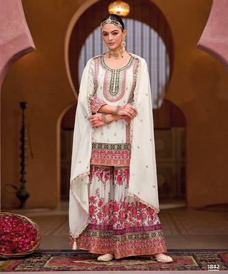 White chinon embroidered salwar suit (free size) 1
