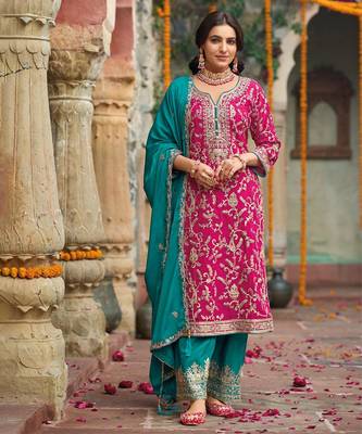 Dark Pink Embroidered Chinon Punjabi Salwar Suit(Free Size) 1