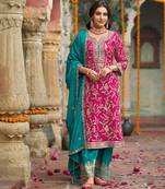 Dark Pink Embroidered Chinon Punjabi Salwar Suit(Free Size)