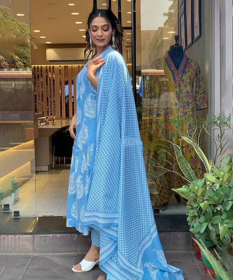 Blue printed rayon Anarkali set