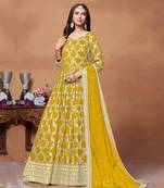 Yellow embroidery dola jacquard anarkali suit