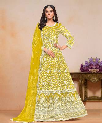Yellow embroidery net anarkali suit 1