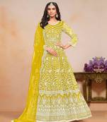 Yellow embroidery net anarkali suit