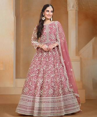 Peach embroidery net anarkali suit 1