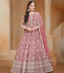 Peach embroidery net anarkali suit