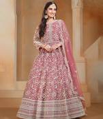 Peach embroidery net anarkali suit
